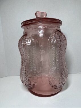 Vintage PLANTERS Peanuts Glass Jar w LID Four 4 Corner - 14" x 7.5Pink Glass USA